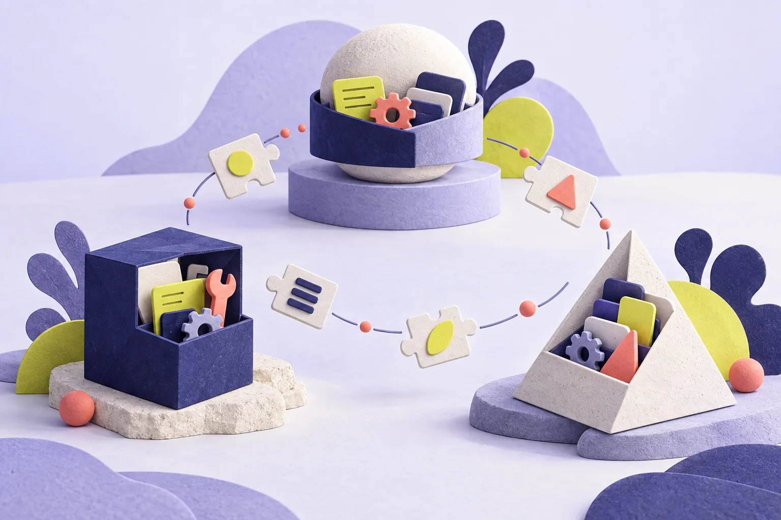 Three illustrated toolkits exchanging reusable instruction tiles