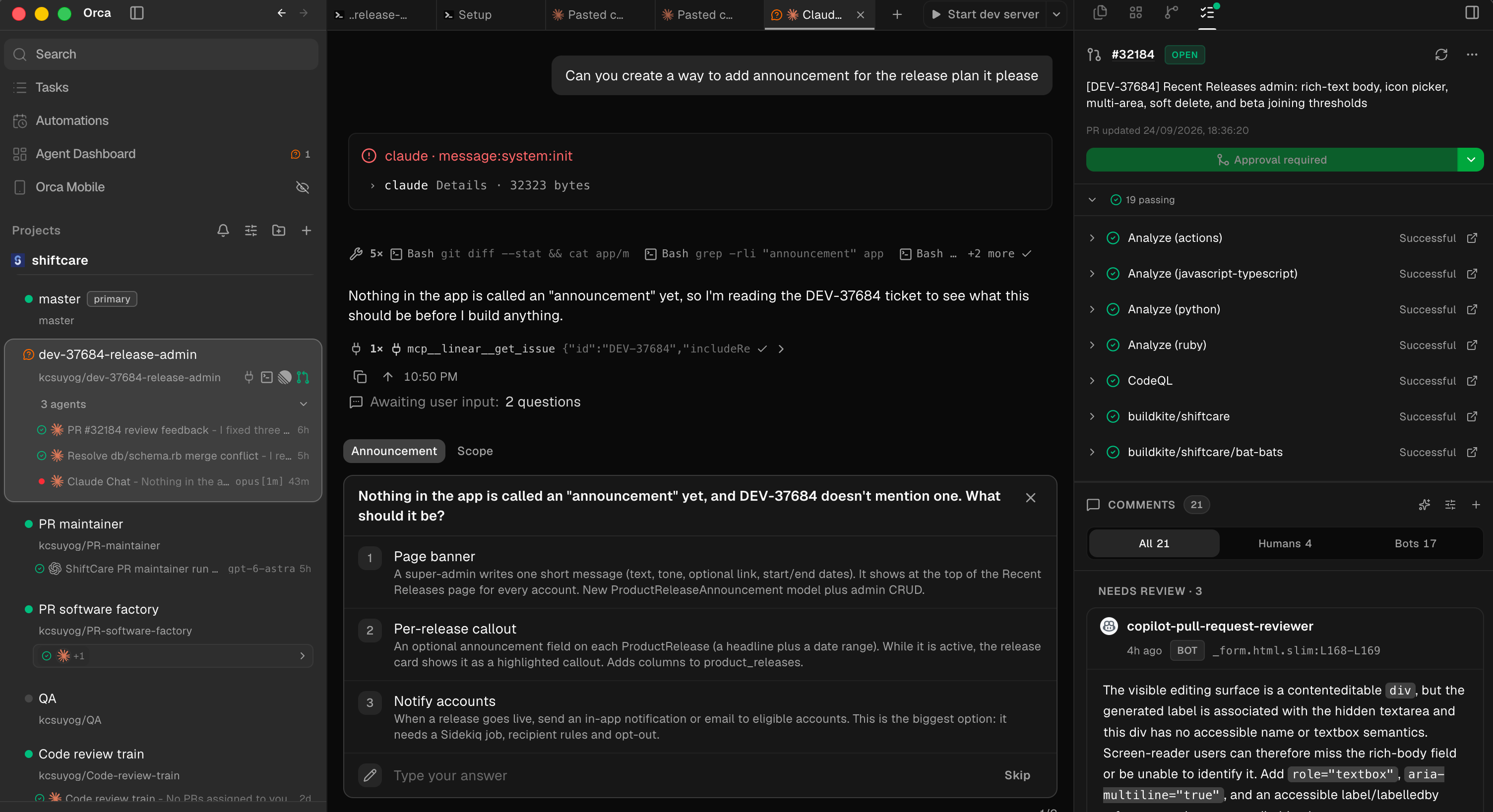 Orca showing parallel workspaces, an agent conversation, and pull request review checks