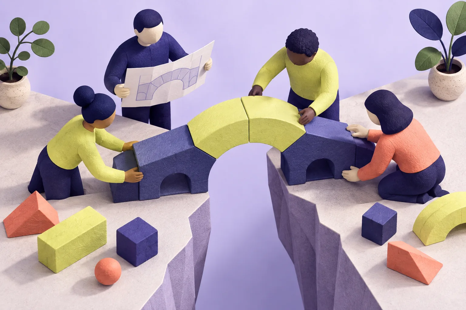 Four illustrated teammates planning and assembling a bridge together